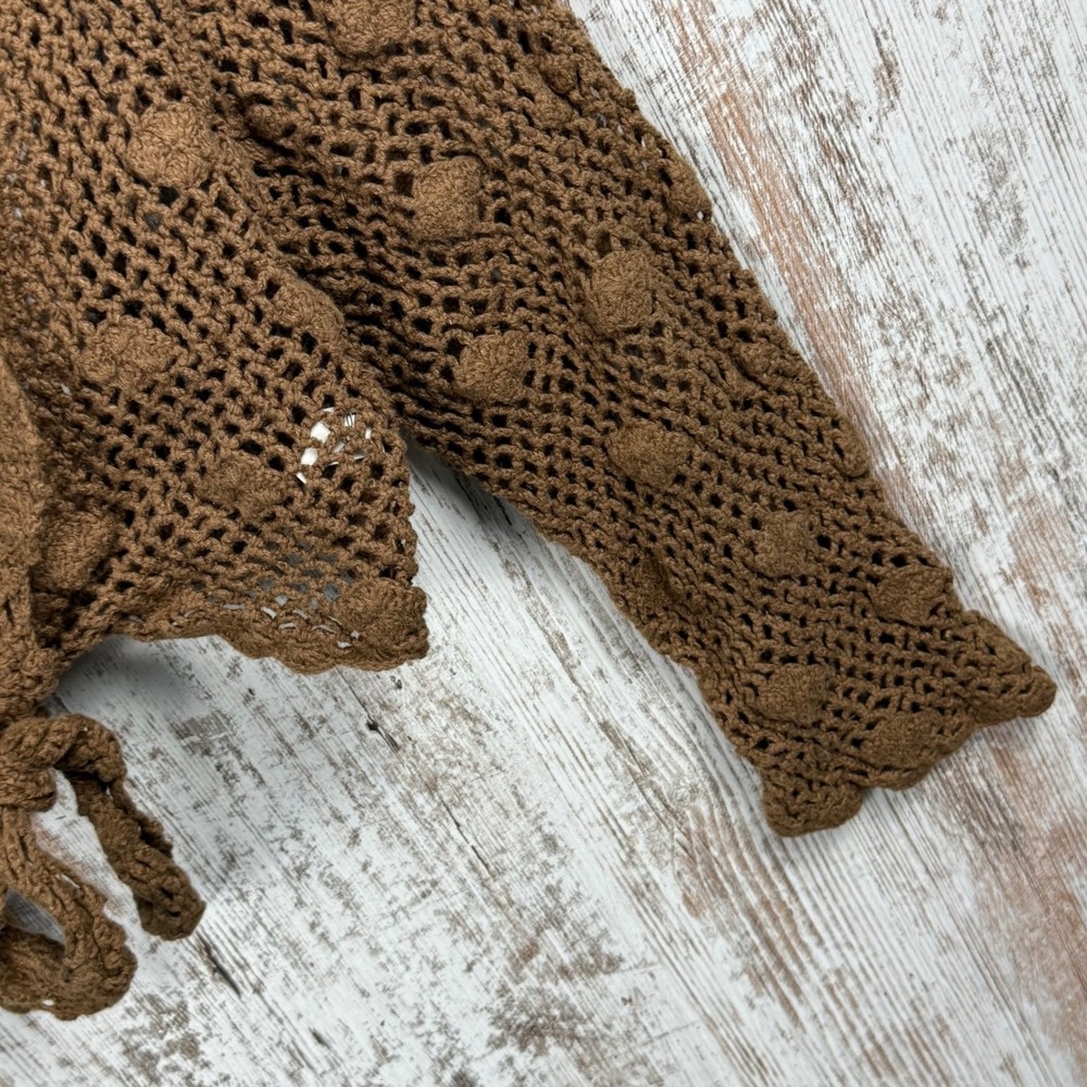 Dressbarn Coffee Brown Crochet Tie Front Shrug Cardigan Knit Cropped Sz 12 - Picture 4 of 7